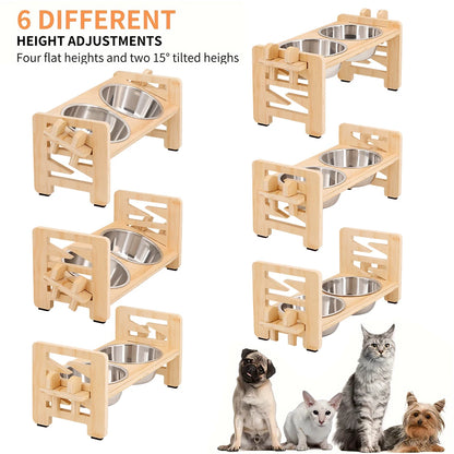 Adjustable Wooden Raised Pet Bowl Stand with Steel Bowls - side view