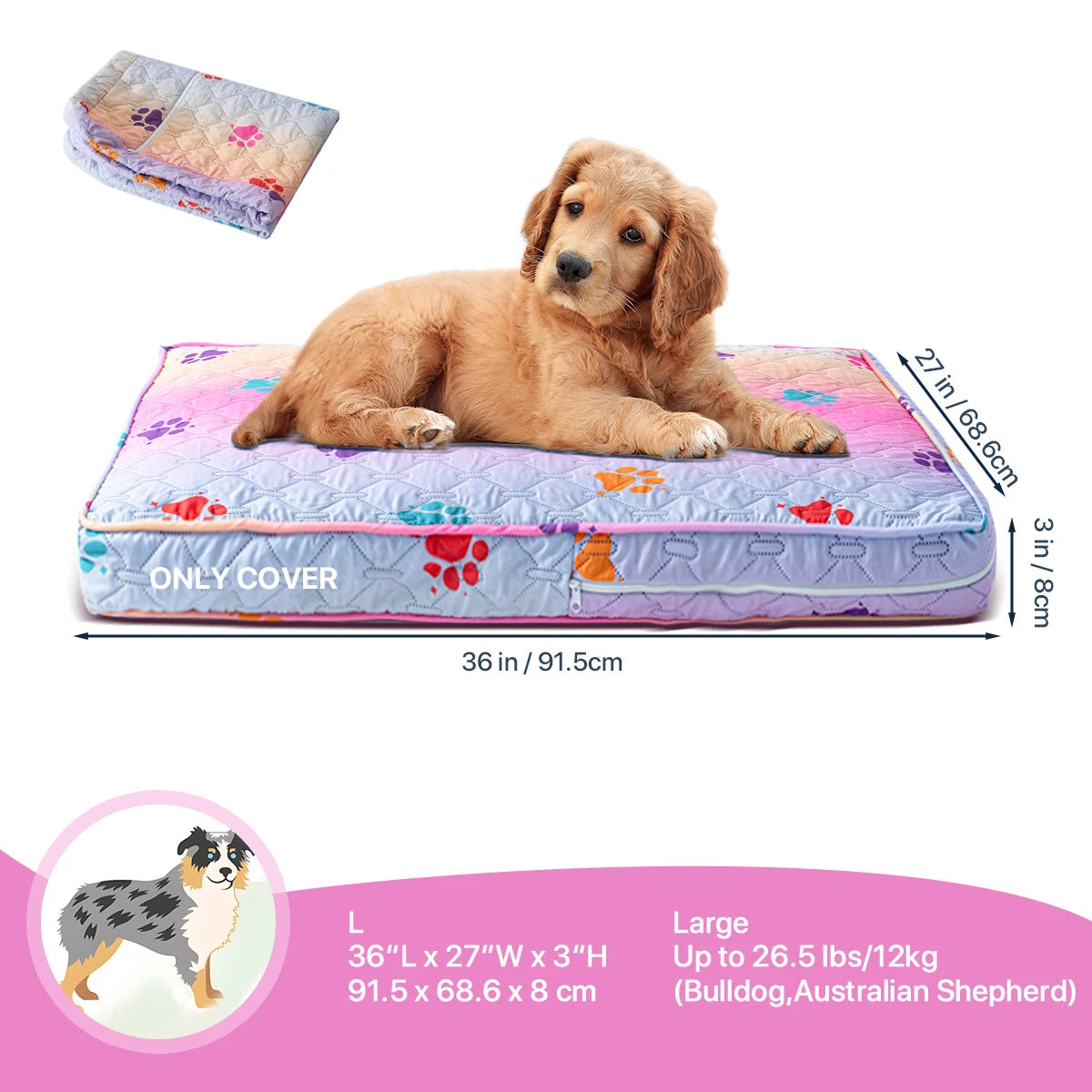 Orthopedic Dog Bed Cover for Large Dogs (Washable) - Rainbow Color L