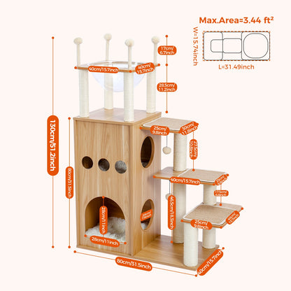Multi-Level Wood Cat Tree with Hammock and Toys - XL / AMT0062BG-HW