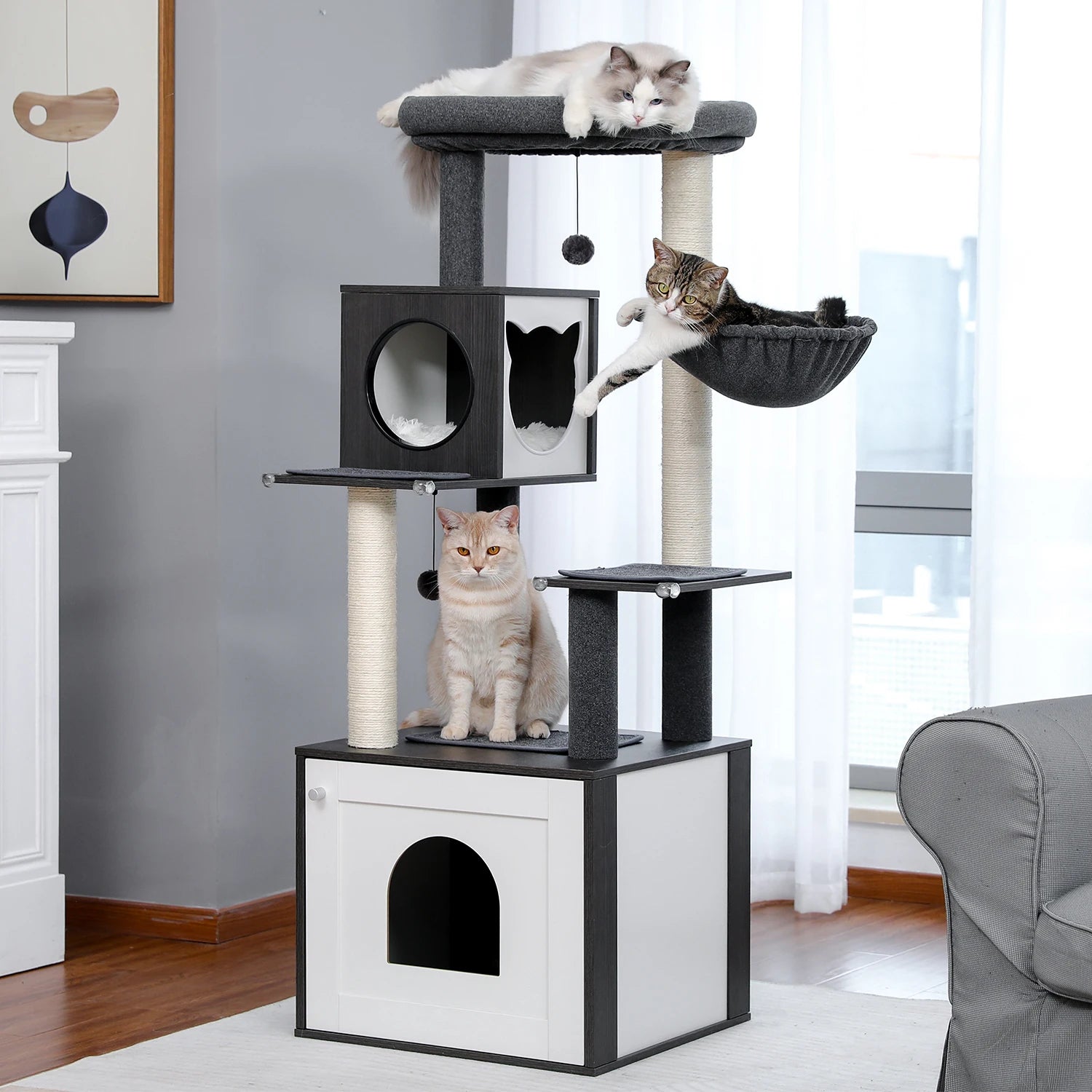 Multi-Level Wood Cat Tree with Hammock and Toys - detail