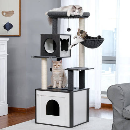 Multi-Level Wood Cat Tree with Hammock and Toys - detail