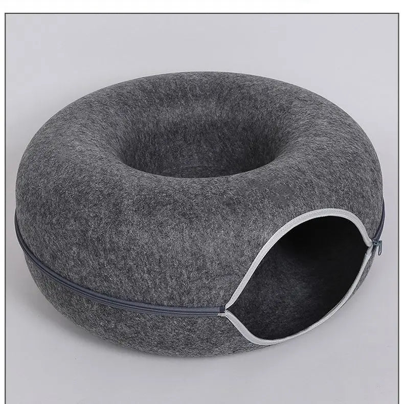 Donut Cat Bed with Built-in Felt Tunnel for Indoor Play - grey / 60X27cm