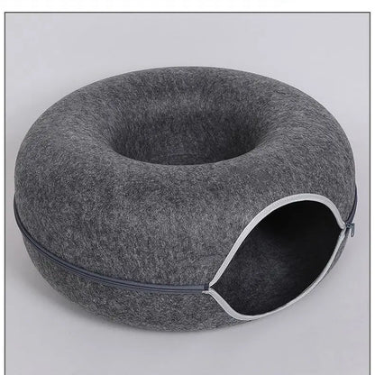 Donut Cat Bed with Built-in Felt Tunnel for Indoor Play - grey / 60X27cm