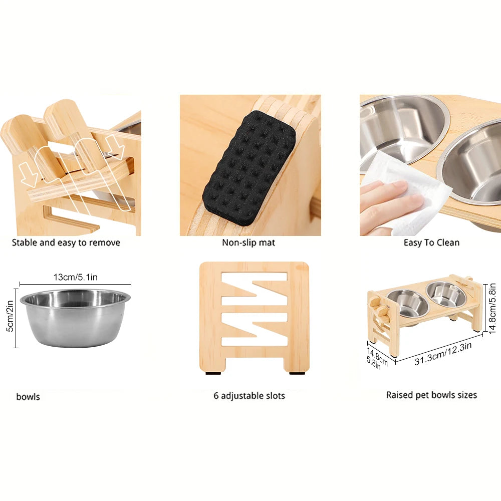 Adjustable Wooden Raised Pet Bowl Stand with Steel Bowls - detail