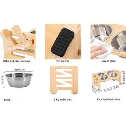 Adjustable Wooden Raised Pet Bowl Stand with Steel Bowls - detail