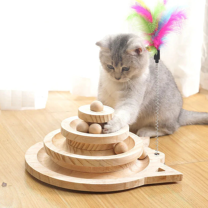 Wooden Cat Toy Tower with Ball Tracks (2 or 3 Levels) - alternate angle