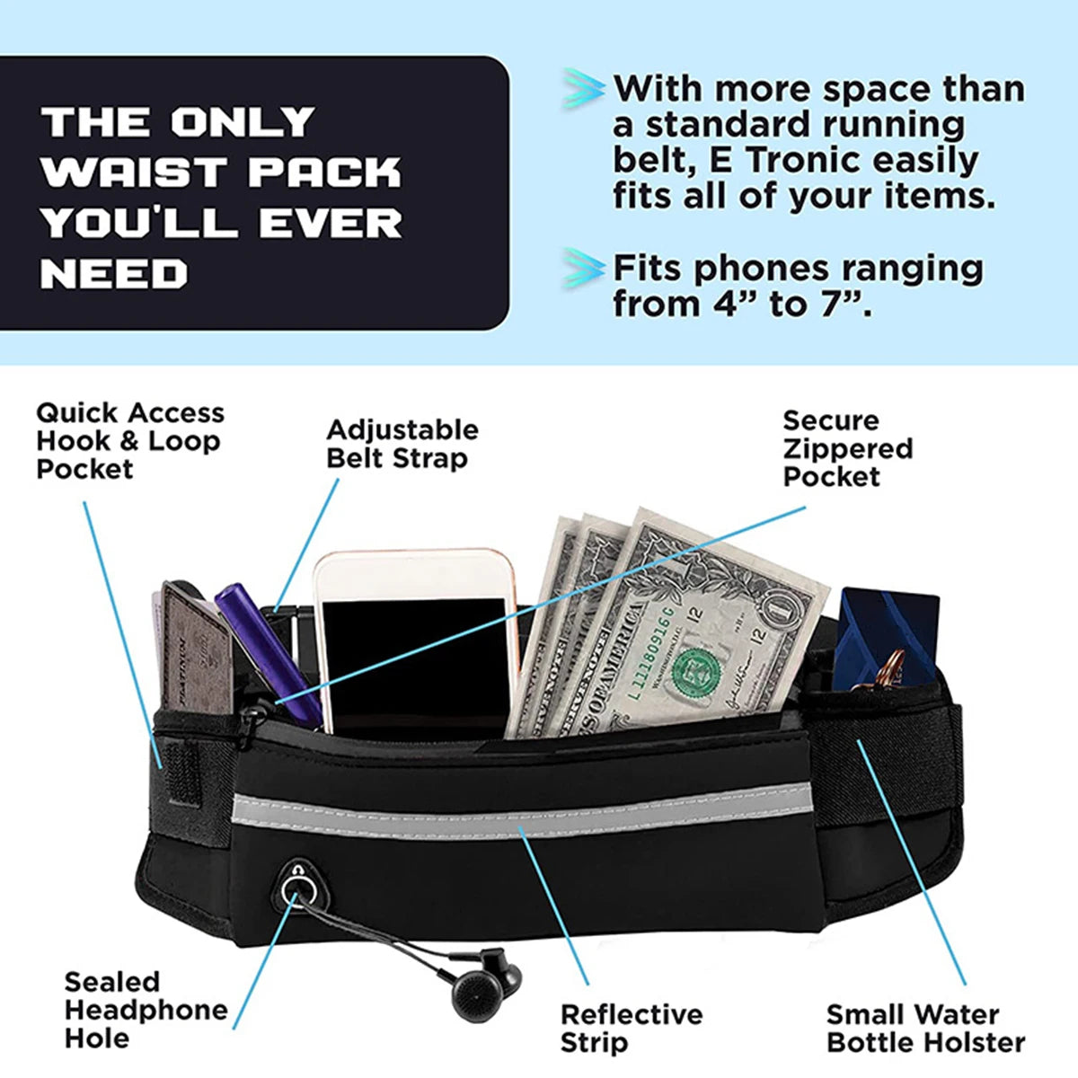 Hands Free Dog Leash with Waist Bag and Reflective Belt - side view