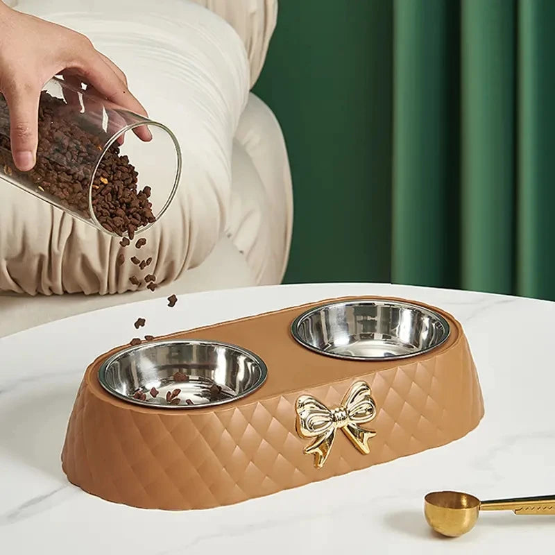 Bow Tie Style Pet Food Bowl Stand with Steel Bowls - feature view