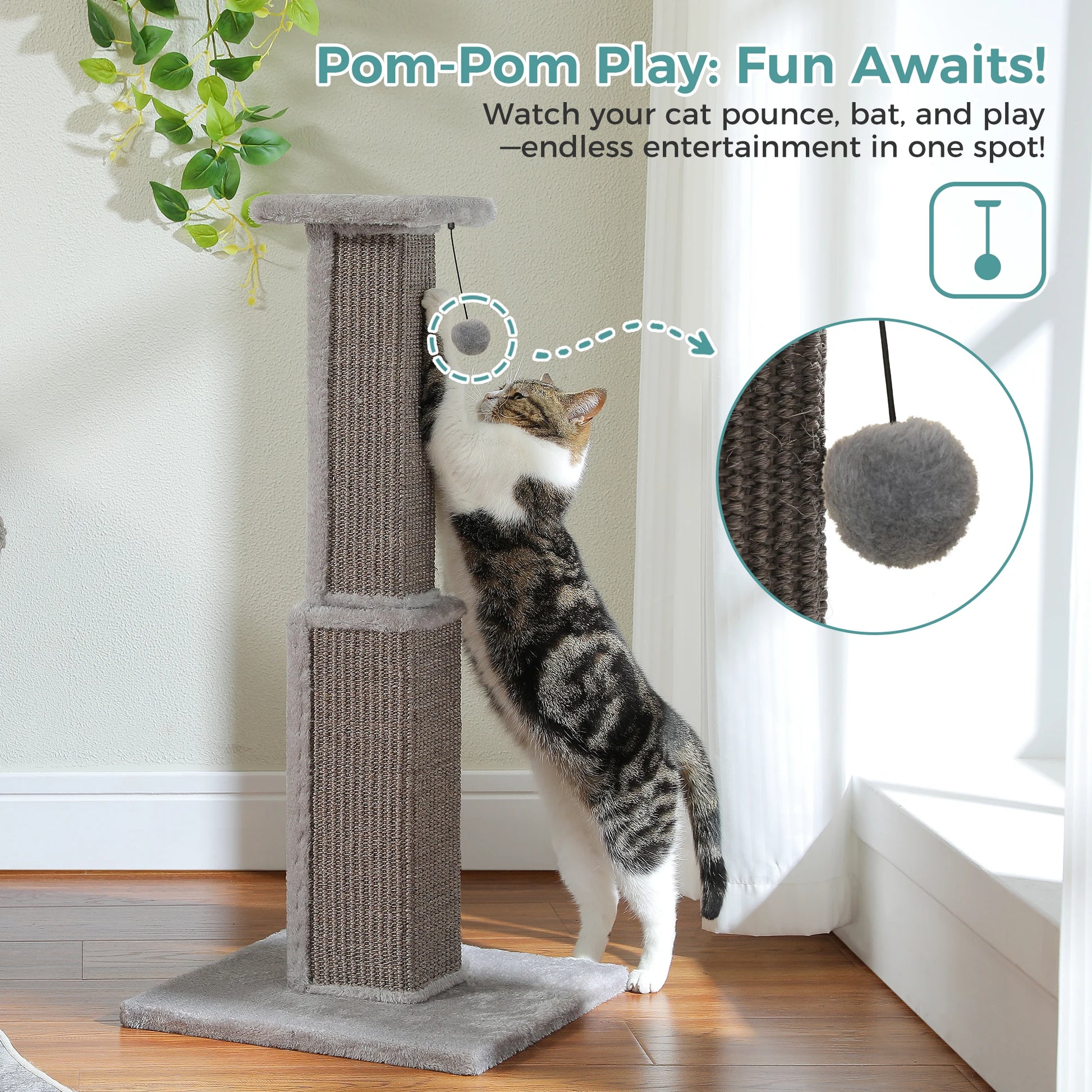 Large Sisal Cat Scratching Post with Dangling Ball - close-up