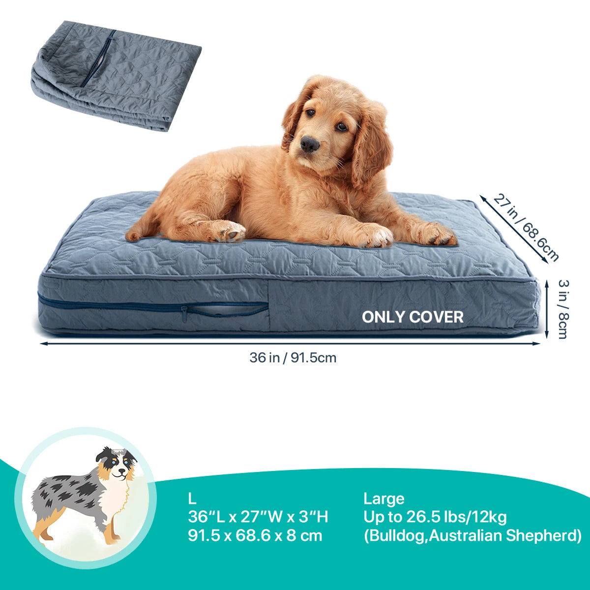 Orthopedic Dog Bed Cover for Large Dogs (Washable) - Slate Blue L