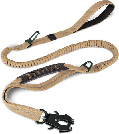 Shock-Absorbing Dog Leash with Car Seatbelt Attachment - Dark Khaki