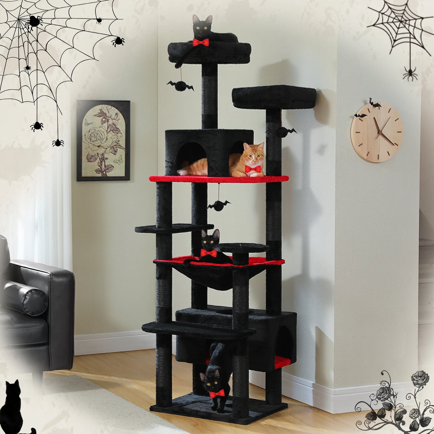 Large Cat Tree Tower with Hammock and Padded Perches - close-up