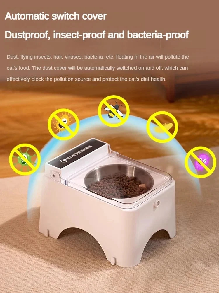 Smart Cat Food Bowl with Infrared Sensor Auto-Open Lid - side view