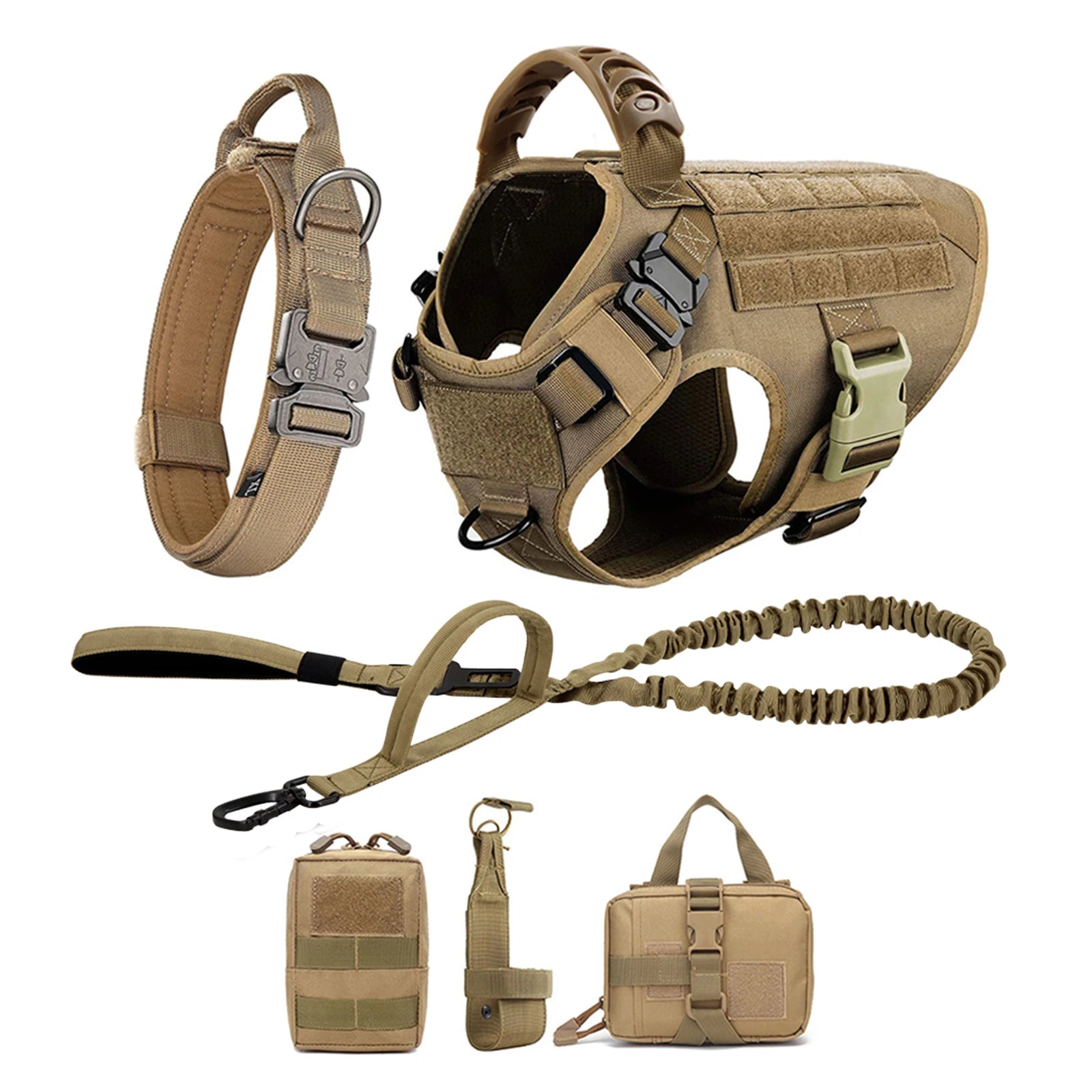 Large Dog Harness and Leash Set with Collar - M / Brown 6 Pieces