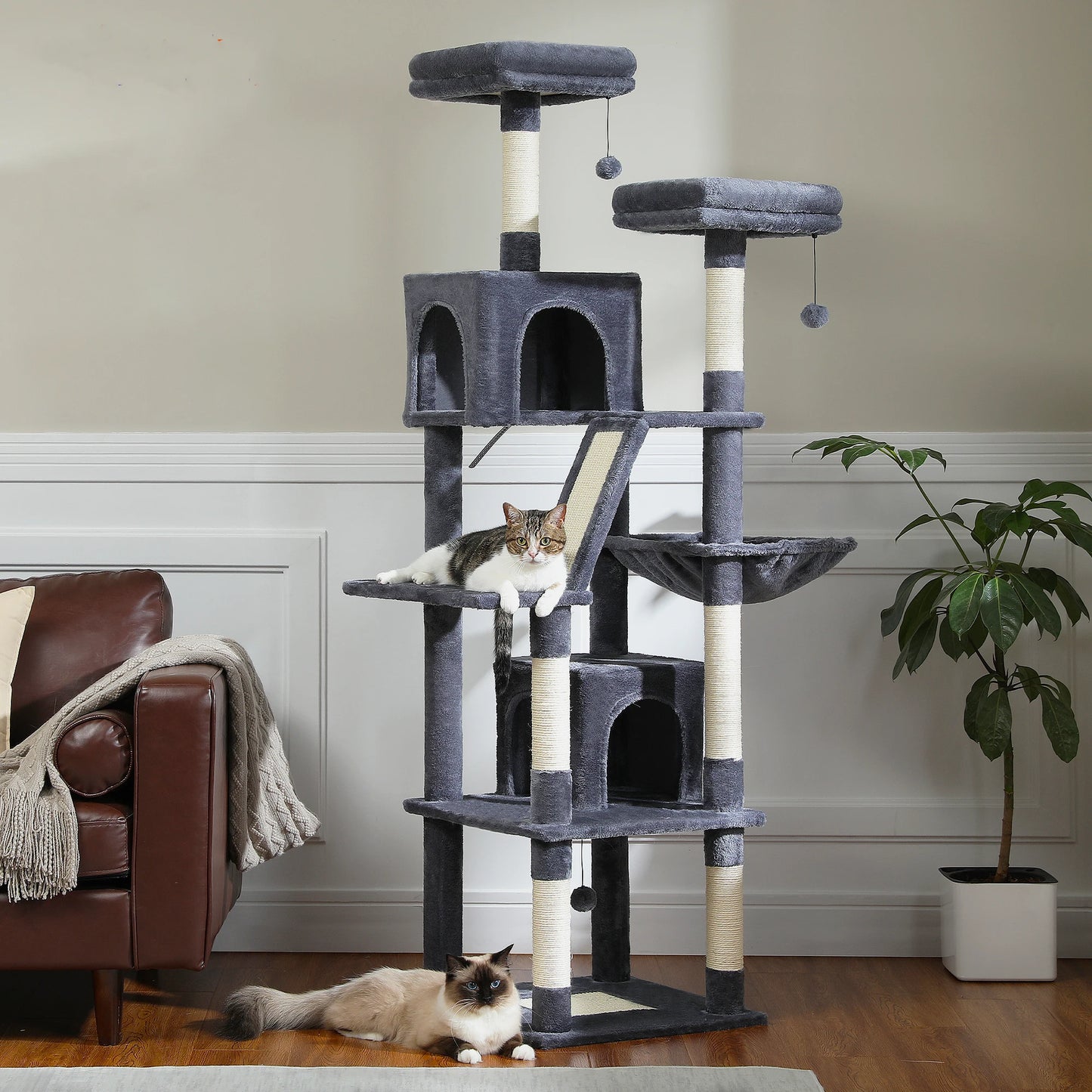 Large Multi-Level Plush Cat Tree with Condos - side view
