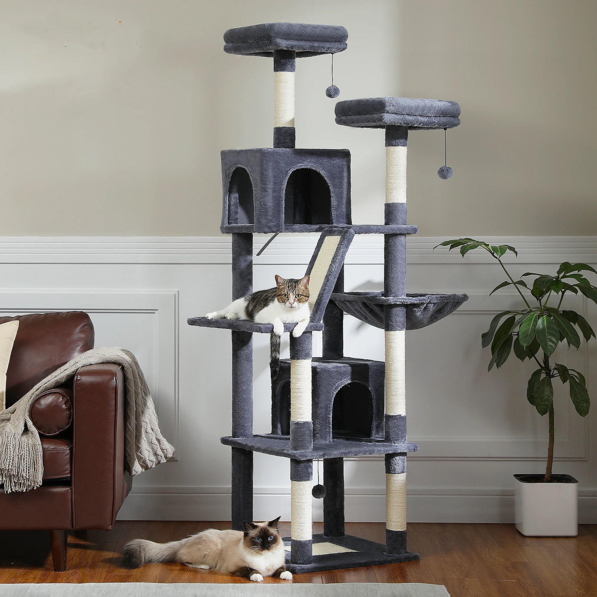 Large Multi-Level Plush Cat Tree with Condos - side view