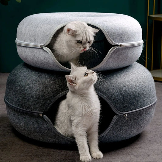 Donut Cat Bed with Built-in Felt Tunnel for Indoor Play