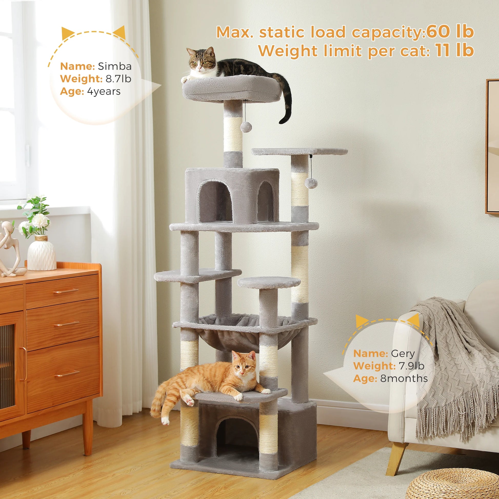 Large Cat Tree Tower with Hammock and Padded Perches - view 34