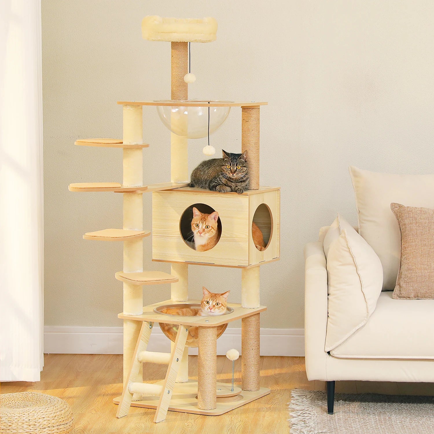 Multi-Level Wood Cat Tree with Hammock and Toys - close-up