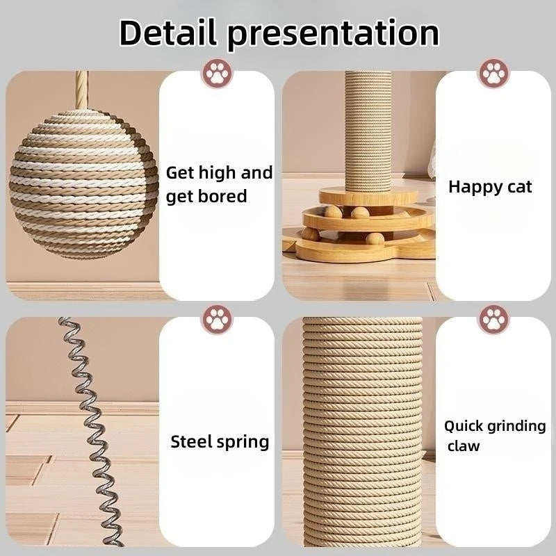 Wooden Cat Scratching Post with Turntable and Sisal Ball Toys - detail