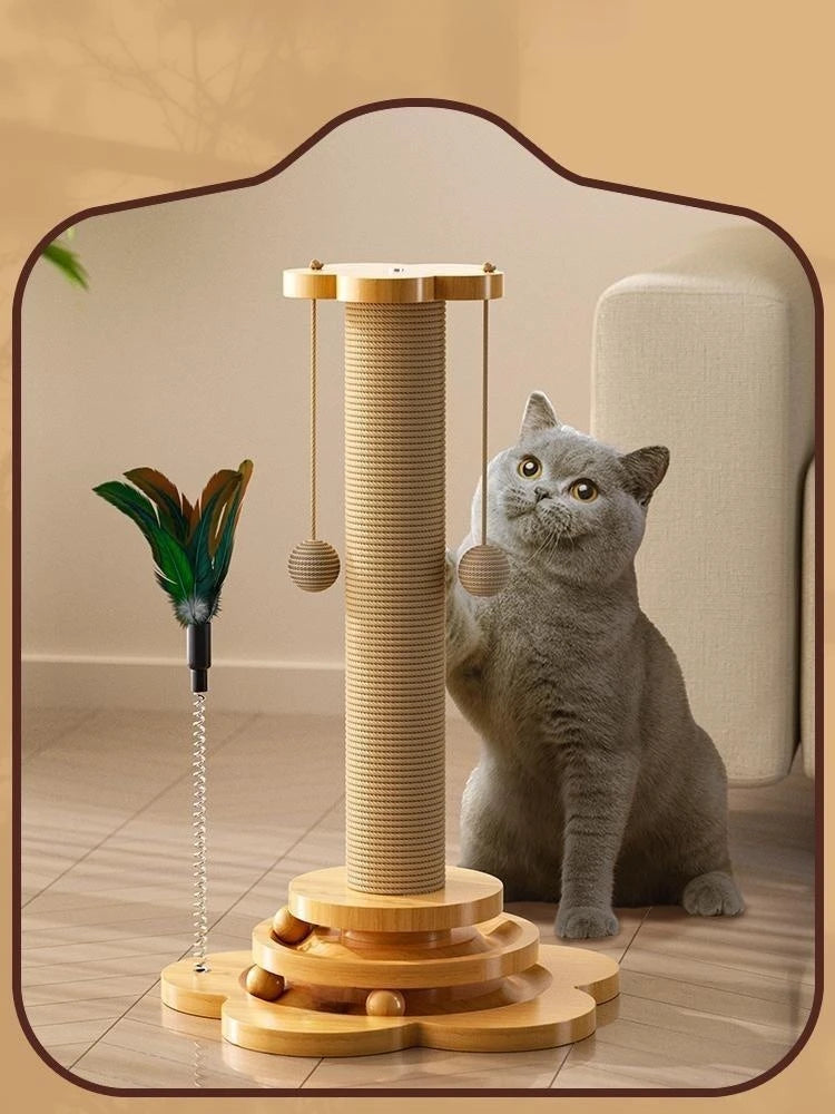 Wooden Cat Scratching Post with Turntable and Sisal Ball Toys - from above