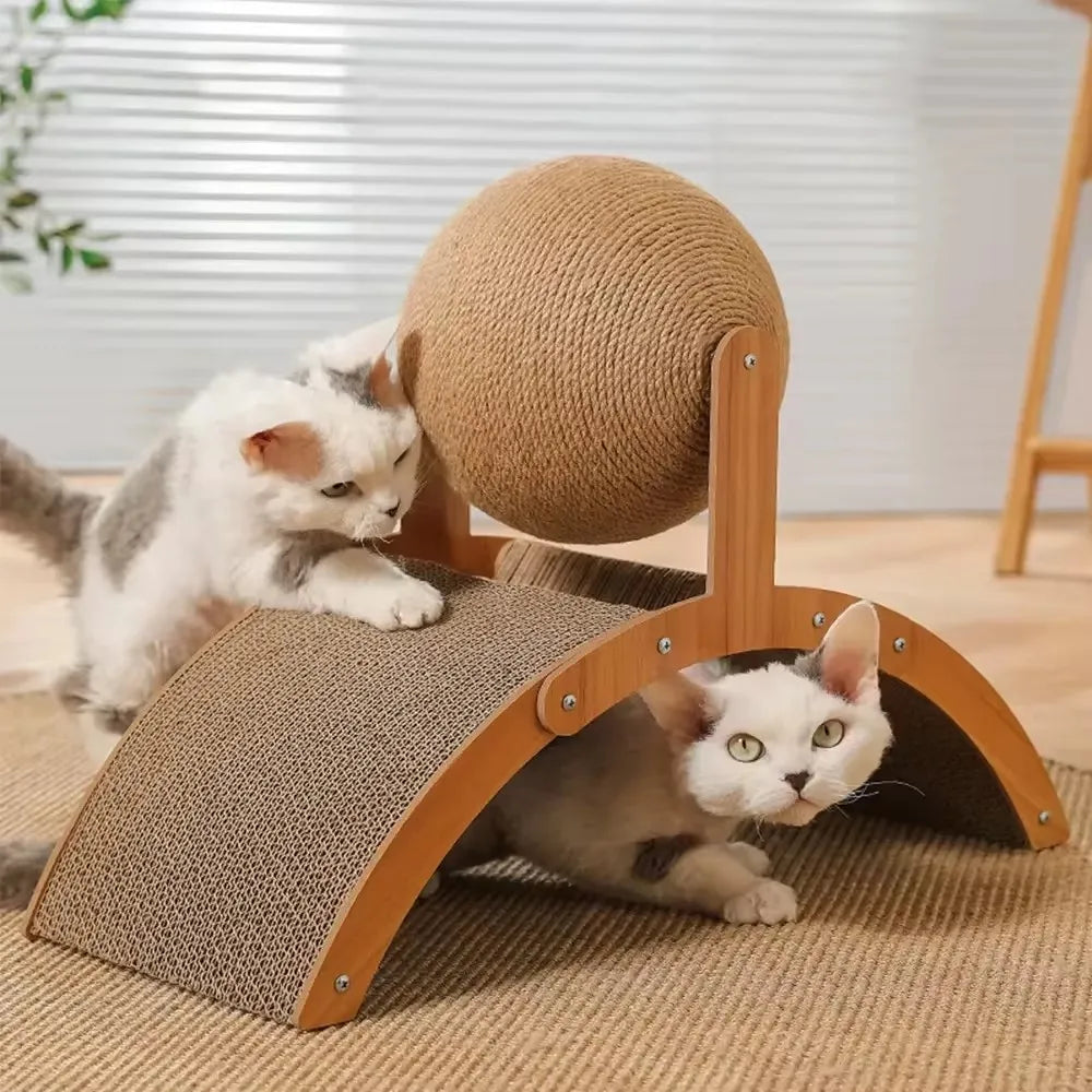 2-in-1 Wooden Cat Scratching Ball and Sisal Board - in use