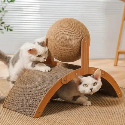 2-in-1 Wooden Cat Scratching Ball and Sisal Board - in use